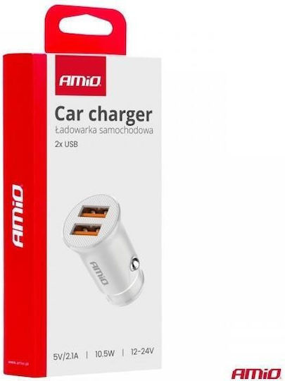AMiO Φορτιστής Αυτοκινήτου 10.5W 2.1A με Θύρες: 2xUSB μαζί με Καλώδιο Ενσωματωμένο Λευκός