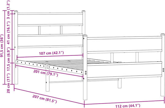Half Double Metal Bed Brown with Slats for Mattress 107x203cm