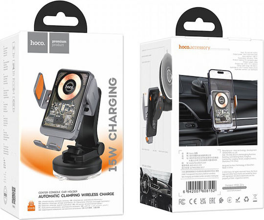 Hoco HW8 Car Mobile Mount 4.5" - 7" with Adjustable Hooks and Wireless Charging Metal Gray