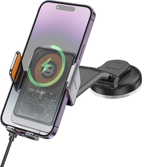 Hoco HW8 Car Mobile Mount 4.5" - 7" with Adjustable Hooks and Wireless Charging Metal Gray
