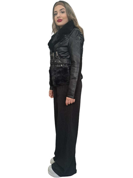 Remix Women's Short Biker Artificial Leather Jacket for Winter Black