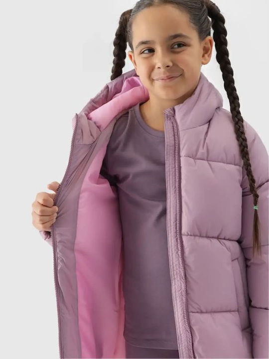 Daunen-Kinderjacke Gesteppt Lang mit Kapuze Lila