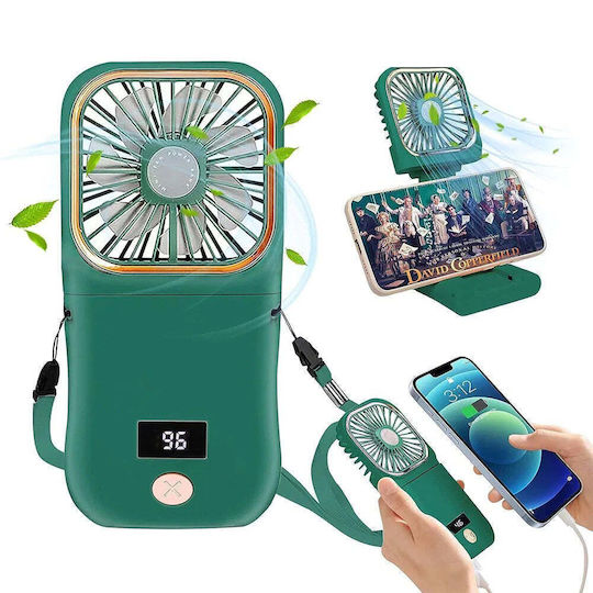 Portable Flippy Fan 3 In 1 Handheld Neck Desk 16.7 X 8 X 1.9 Cm 3 Speed Levels Usb Charging Foldable Digital Display Phone Holder Green