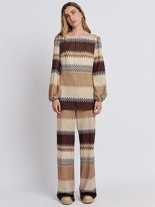 Damen Hoch tailliert Stoff Hose Schlag Brown