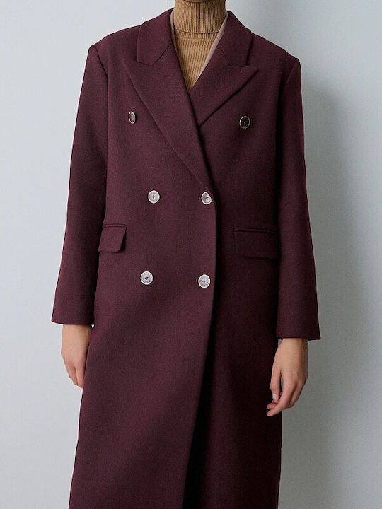 BSB Women's Wool Long Coat with Buttons Burgundy