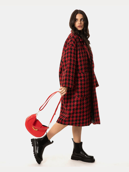Women's Checked Red Coat Oversized with Buttons