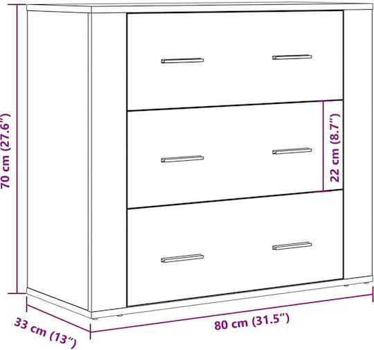 Wooden Chest of Drawers with 3 Drawers Coffee 80x33x70cm