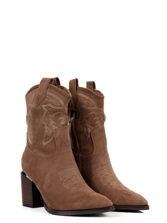 Beige Suede Western Ankle Boots with Stitching & Gold Detail