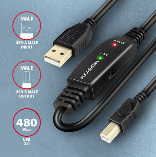 Axagon USB 2.0 Kabel USB-A-Stecker - USB-B-Stecker Schwarz 15m