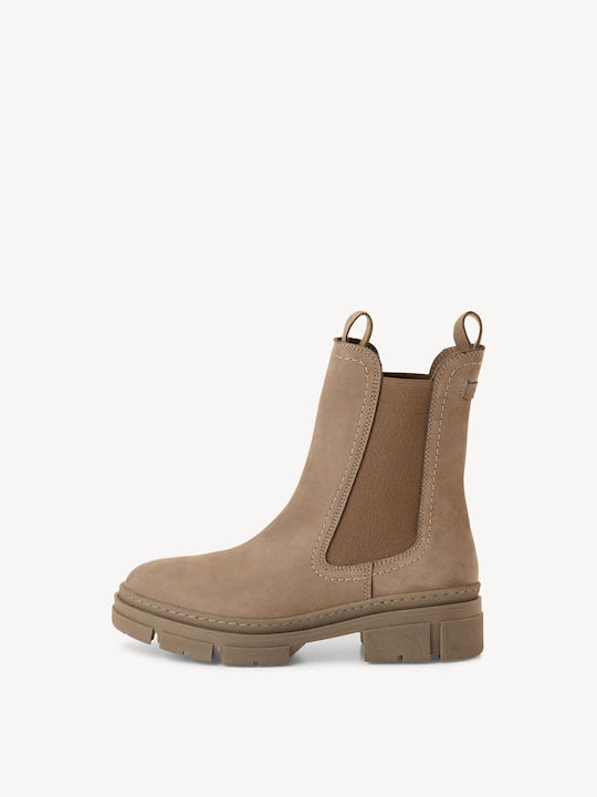 Leather Women's Chelsea Boots with Medium Heel Beige 1-25901-41-405