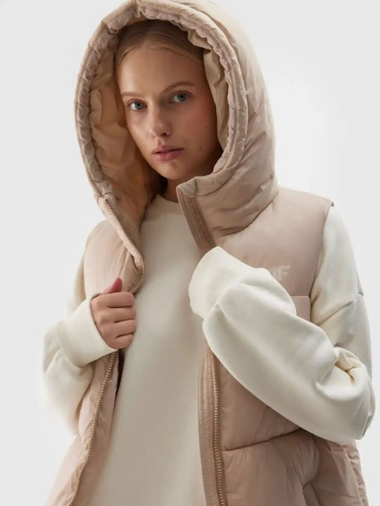 Women's Long Puffer Jacket for Winter with Hood Beige