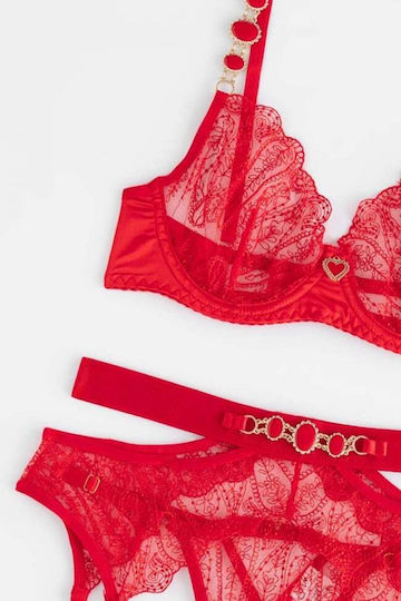 Decoro Sexy Σετ Εσωρούχων με Διαφάνεια & Ζαρτιέρες Κόκκινο