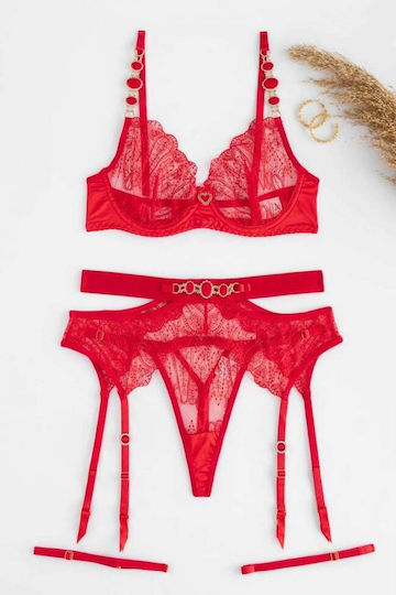 Decoro Sexy Σετ Εσωρούχων με Διαφάνεια & Ζαρτιέρες Κόκκινο