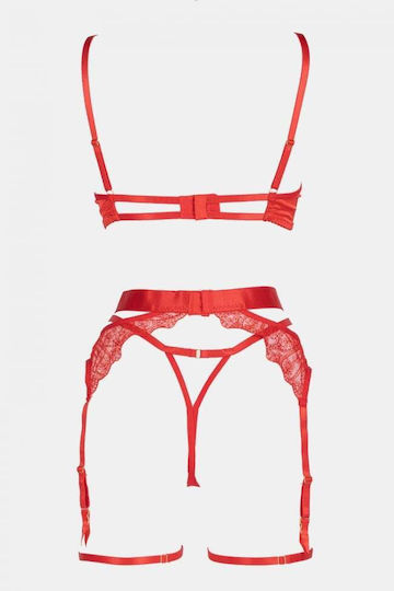 Decoro Sexy Σετ Εσωρούχων με Διαφάνεια & Ζαρτιέρες Κόκκινο