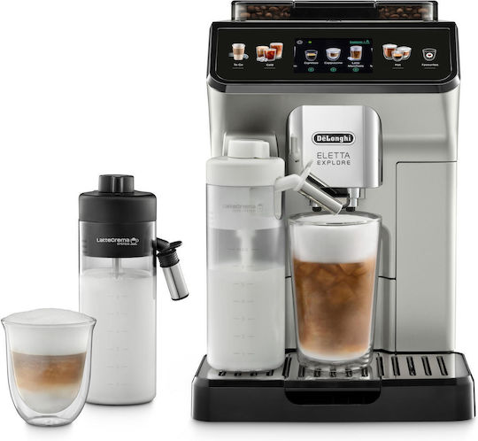 De'Longhi Eletta Explore Αυτόματη Μηχανή Espresso 1450W Πίεσης 19bar για Cappuccino με Μύλο Άλεσης Ασημί ECAM 450.55.S