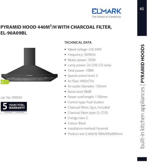 Elmark EL-90A09BL Kamin-Dunstabzug 90cm Schwarz