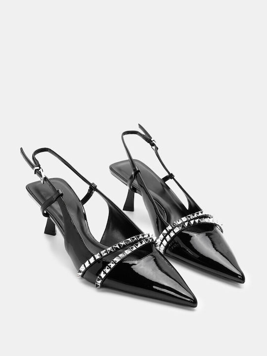 Luigi Synthetic Leather Pointed Toe Black Medium Heels with Strap