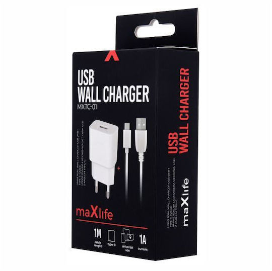 Maxlife Φορτιστής με Θύρα USB-A και Καλώδιο USB-C Λευκός (MXTC-01)