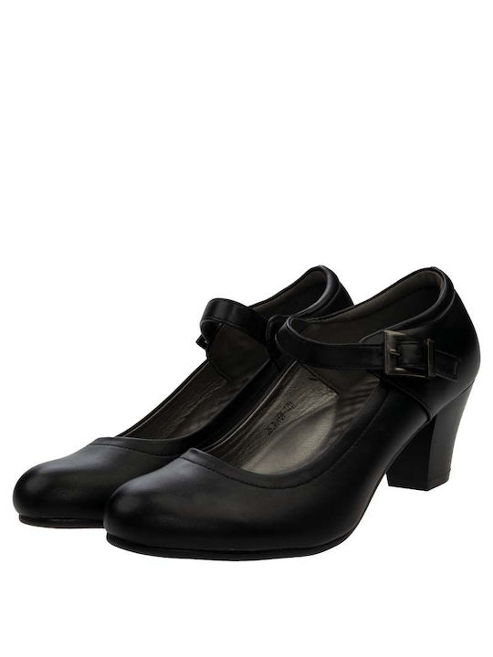 Antrin Synthetic Leather Black Medium Heels with Strap