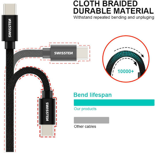 Swissten Braided USB 2.0 Cable USB-C male - USB-A Μαύρο 3m 71527900
