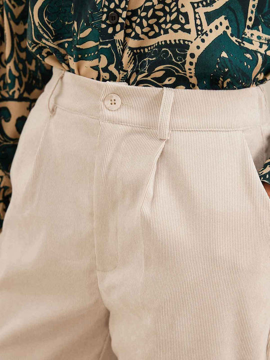 Women's Fabric Trousers with Elastic Ecru