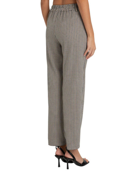 Toi&Moi Women's Fabric Trousers with Elastic in Straight Line Checked Plaid Beige