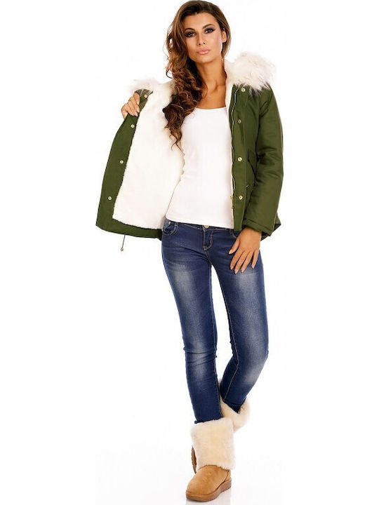 Women's Short Lifestyle Jacket for Winter Khaki-white