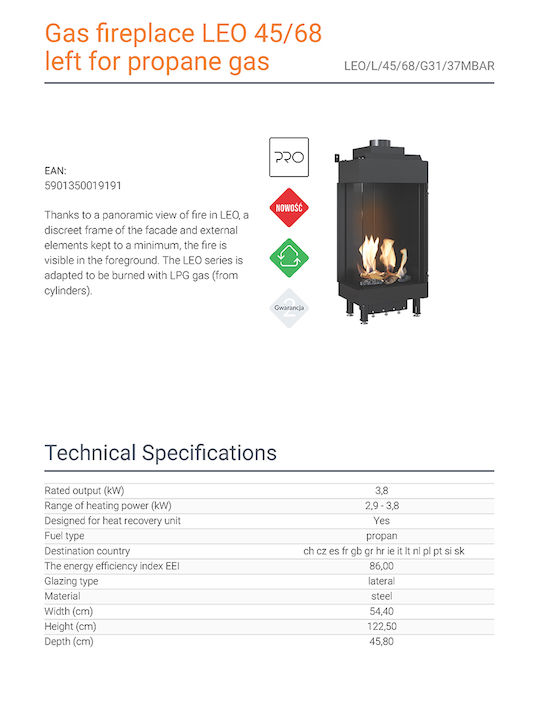 Kratki Leo L 45 68 G31 37 MBAR Șemineu cu inserție Gaz 3.8kW Drept cu ușă fixă