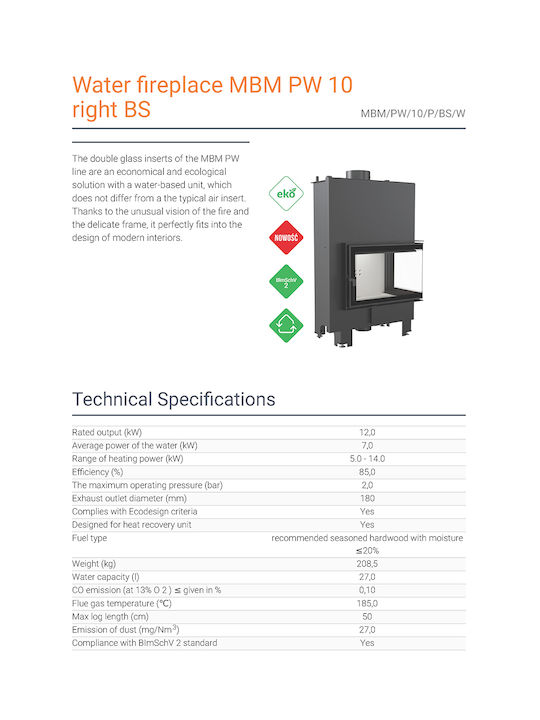Kratki MBM PW 10 P BS W Wood Fireplace Insert Radiator with Right Corner Window 12kW Closed Expansion Tank