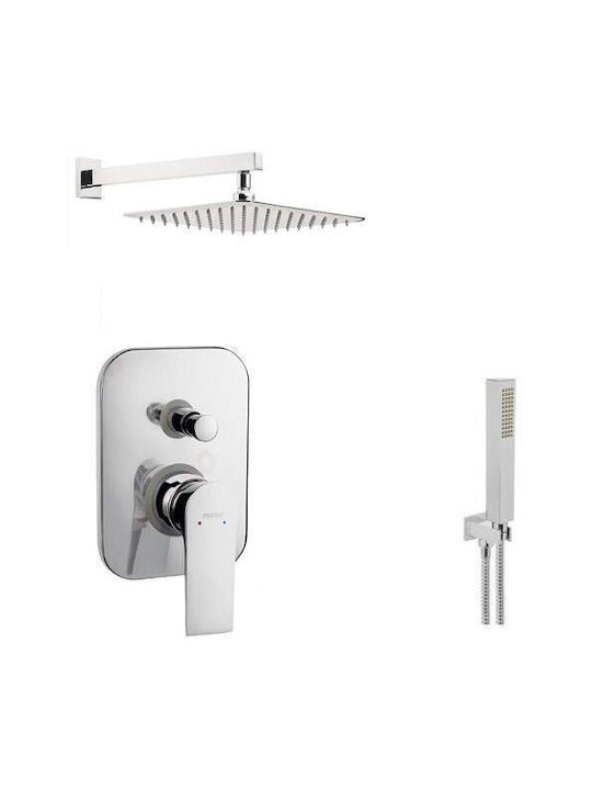 Ferro Squerto Built-in Mixer, Hand Shower & Shower Head Set for Shower 2 Exits Silver