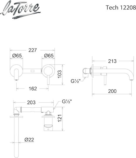 La Torre New Tech Built-in Mixer & Spout Set for for Bathroom Sink 1 Exit Inox Silver 2 Holes