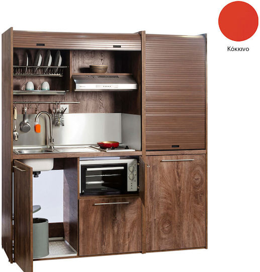 Silver KΣ190 KΣ190-FOU-Red Kitchenette with Right Sink Bowl 190x65x209cm Red with Small Refrigerator