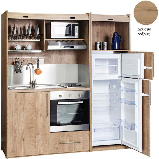 Silver ΚΣ190 Kitchenette with Right Sink Bowl 190x65x204cm Oak με Ρόζους με Μεγάλο Ψυγείο & Φούρνο