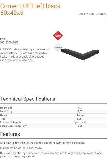 Kratki Corner Fireplace Air Shutter Black 40x60x6cm