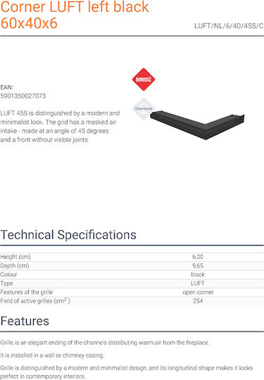 Kratki Corner Fireplace Air Shutter Black 40x60x6cm