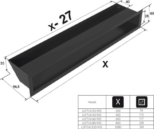 Kratki luft 6 40 45S SZ Perdea de aer pentru șemineu dreptunghiulară Perdea de aer pentru șemineu 40x6cm Inox