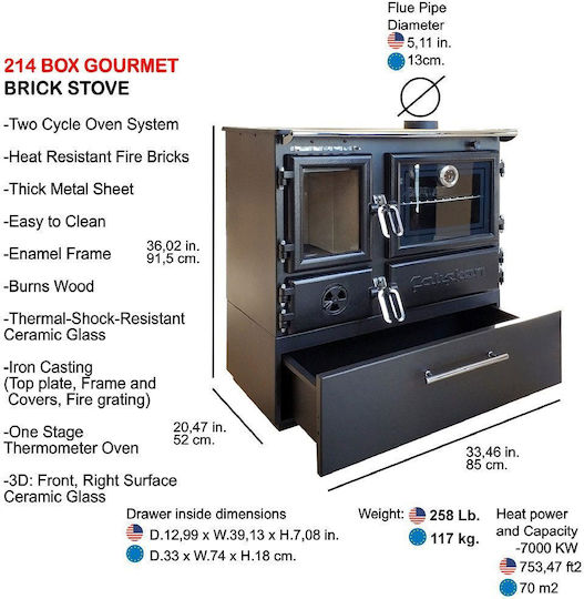 Caliskan 214 With Storage Drawer Steel Wood Stove with Oven 6.4kW Gray