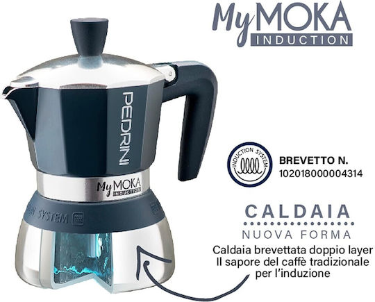 Pedrini MyMoka Induction Stovetop Espresso Pot for 6 Cups Inox Blu Notte