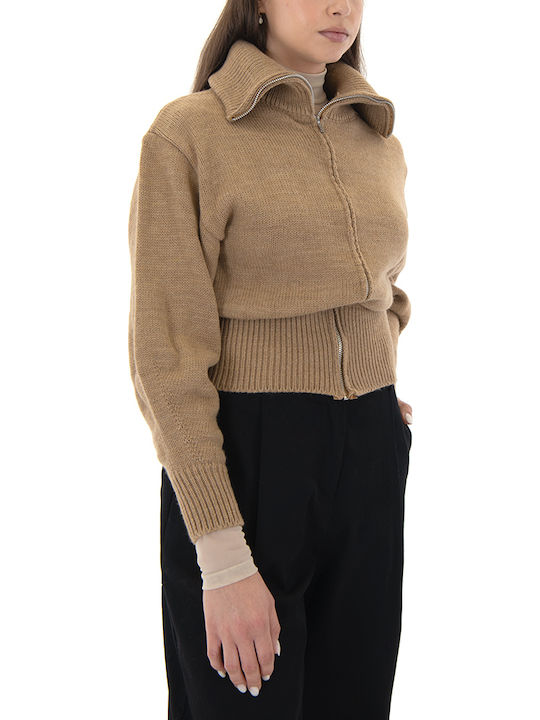 Short Women's Knitted Cardigan with Zipper Brown