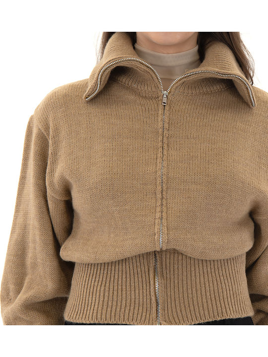 Short Women's Knitted Cardigan with Zipper Brown