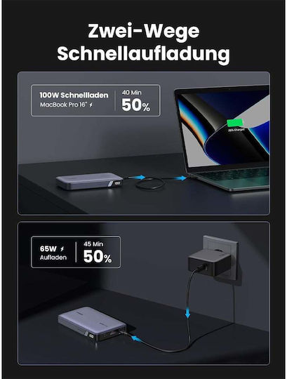 Ugreen PB720 Power Bank 20000mAh 100W με Θύρα USB-A και 2 Θύρες USB-C Power Delivery / Quick Charge 2.0 / Quick Charge 3.0 Γκρι