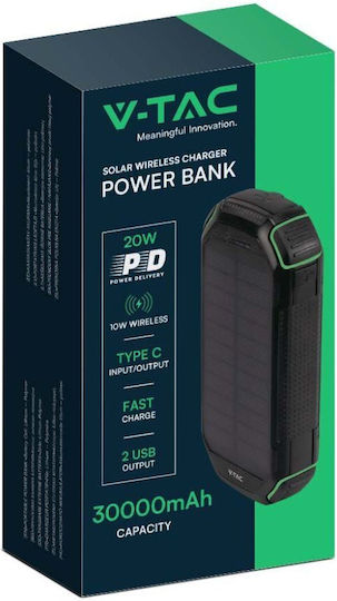 V-TAC Solar Power Bank 30000mAh 10W with USB-A Port and USB-C Port Black