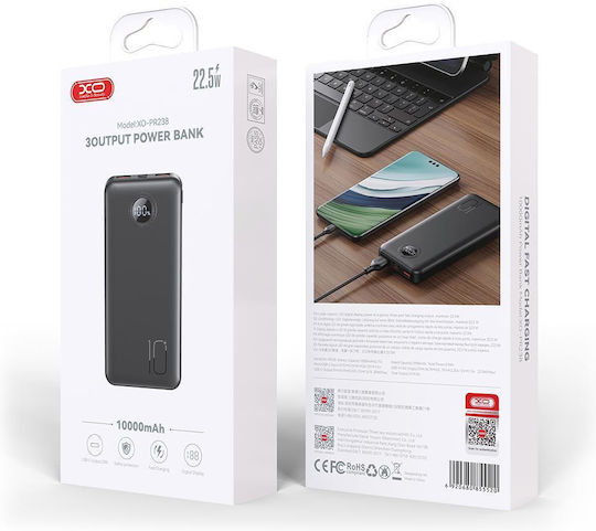XO PR238 Power Bank 10000mAh 20W with 2 USB-A Ports and USB-C Port Quick Charge 2.0 / Quick Charge 3.0 Black