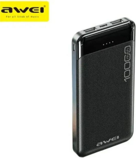 Awei P37K Power Bank 10000mAh with 2 USB-A Ports and USB-C Port Black