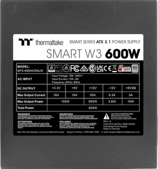 Thermaltake Smart W3 600W Black Computer Power Supply Full Wired 80 Plus Standard