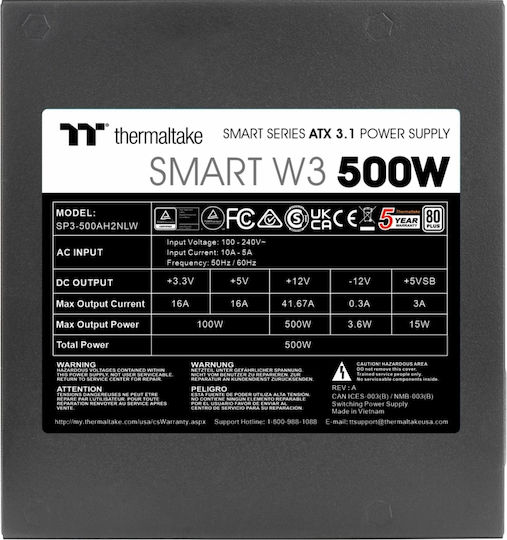 Thermaltake Smart W3 500W Μαύρο Τροφοδοτικό Υπολογιστή Full Wired 80 Plus Standard