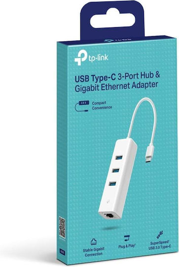 TP-LINK v1 Hub USB 3 Porturi USB 2.0 cu Conectare USB-A Ethernet Alb