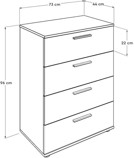 Wooden Bedroom Chest of Drawers with 4 Ash Grey Walnut Drawers 73x44x96cm