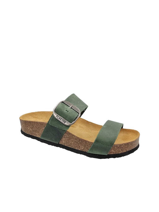 Plakton Leather Women's Flat Sandals Anatomic in Green Color