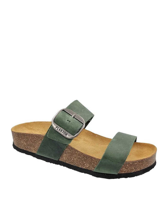 Leather Women's Flat Sandals Anatomic Flatforms in Green Color